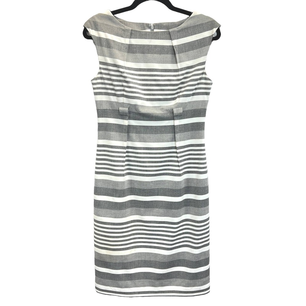 Calvin Klein Striped Sheath Dress Cap Sleeve Belted Workwear Gray White Womens 4